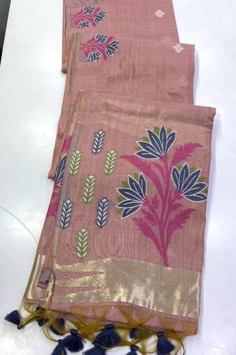 Light Pink Color woven floral motifs Silk Saree
