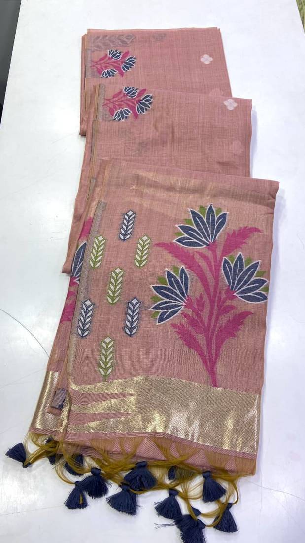 Light Pink Color woven floral motifs Silk Saree