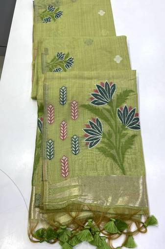 Parrot Green Color woven floral motifs Silk Saree