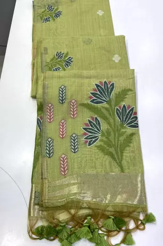 Parrot Green Color woven floral motifs Silk Saree