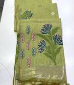 Parrot Green Woven Floral Motifs Art Silk Saree