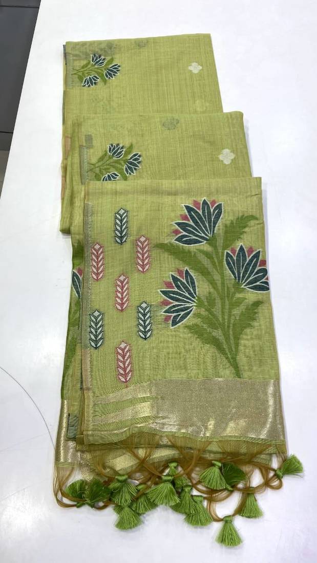 Parrot Green Color woven floral motifs Silk Saree
