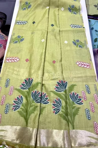 Parrot Green Color woven floral motifs art silk saree