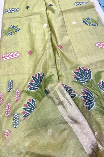 Parrot Green Color woven floral motifs art silk saree