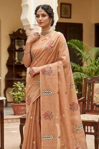 Peach Color woven floral motifs Silk Saree