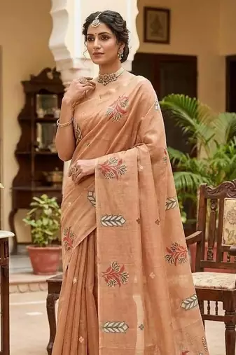 Peach Color woven floral motifs Silk Saree
