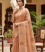 Peach Color woven floral motifs Silk Saree