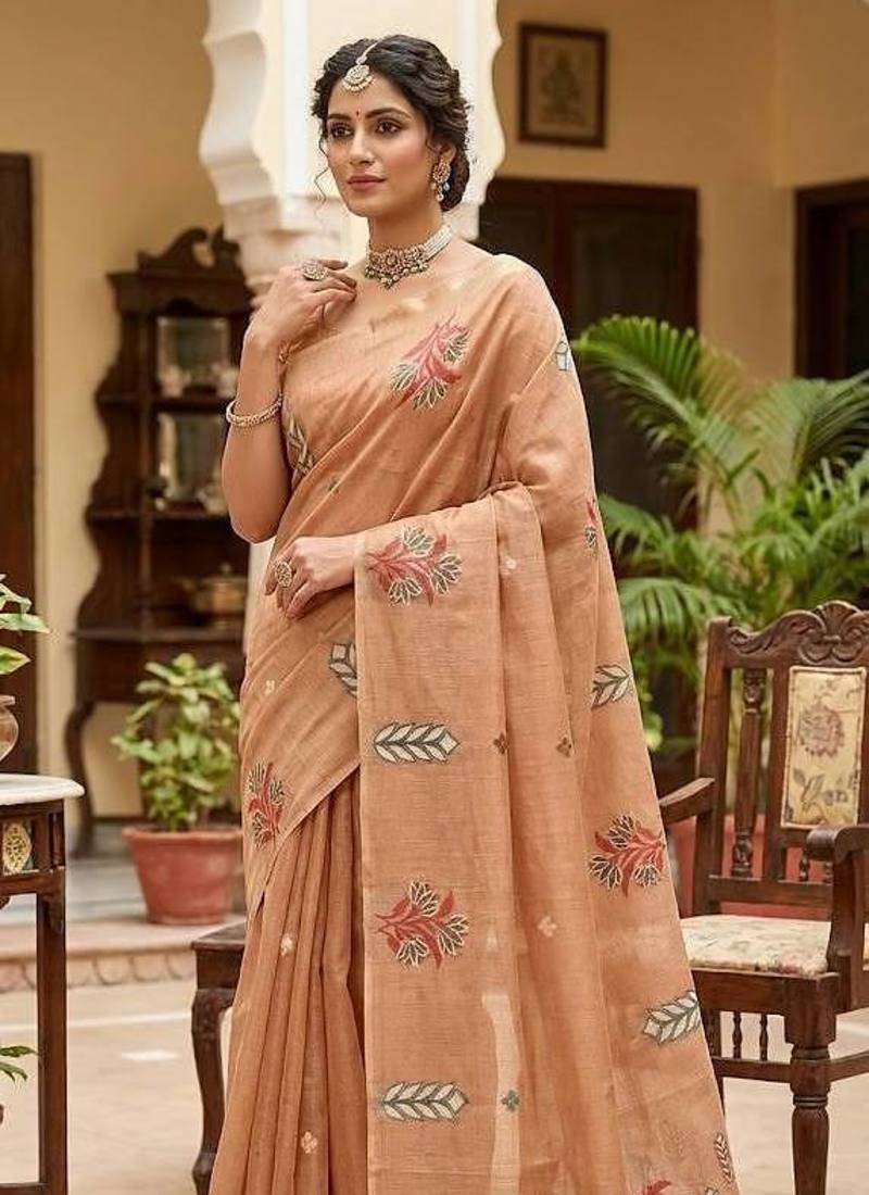 Peach Color woven floral motifs Silk Saree