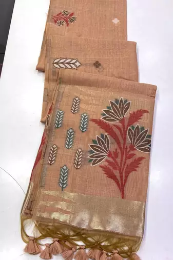 Peach Color woven floral motifs art silk saree