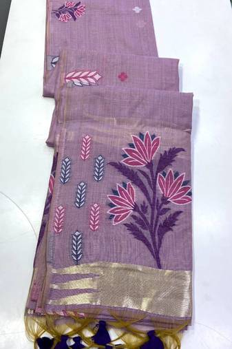 Purple Color woven floral motifs Silk Saree