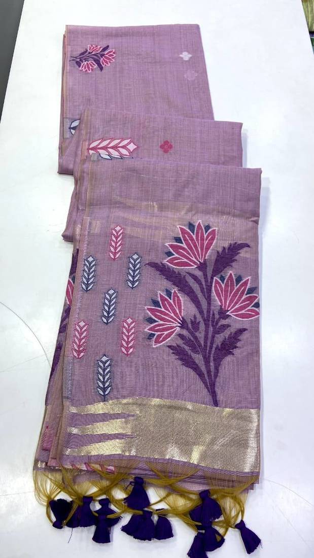 Purple Color woven floral motifs Silk Saree