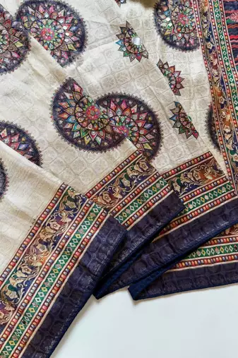 Off White Color Jari Jaqurad Weaving With Print Work Dola Silk Saree