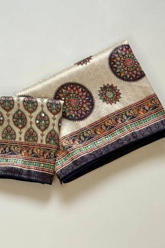 Off White Color Jari Jaqurad Weaving With Print Work Dola Silk Saree