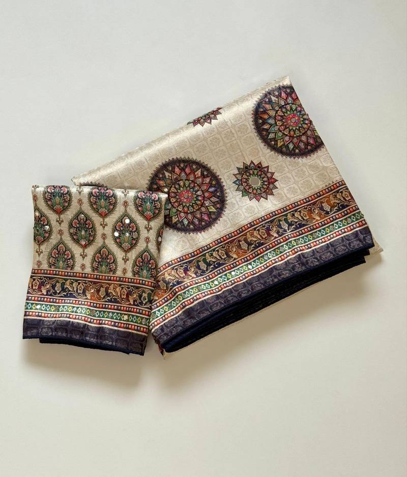 Off White Color Jari Jaqurad Weaving With Print Work Dola Silk Saree