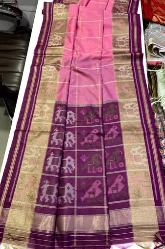 Pink Color Unique Chex and Patola combination  Pure art silk saree
