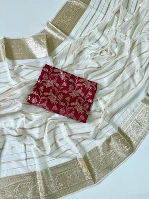 Off White Color Jari Jaqurad Woven with Hand Daying Work Georgette Saree 1