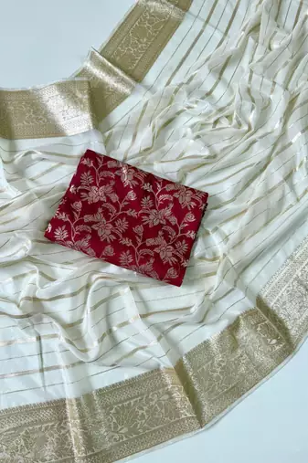 Off White Color Jari Jaqurad Woven with Hand Daying Work Georgette Saree