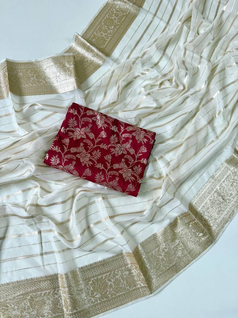 Off White Color Jari Jaqurad Woven with Hand Daying Work Georgette Saree