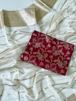 Off White Color Jari Jaqurad Woven with Hand Daying Work Georgette Saree 2