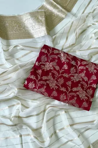 Off White Color Jari Jaqurad Woven with Hand Daying Work Georgette Saree