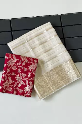 Off White Color Jari Jaqurad Woven with Hand Daying Work Georgette Saree