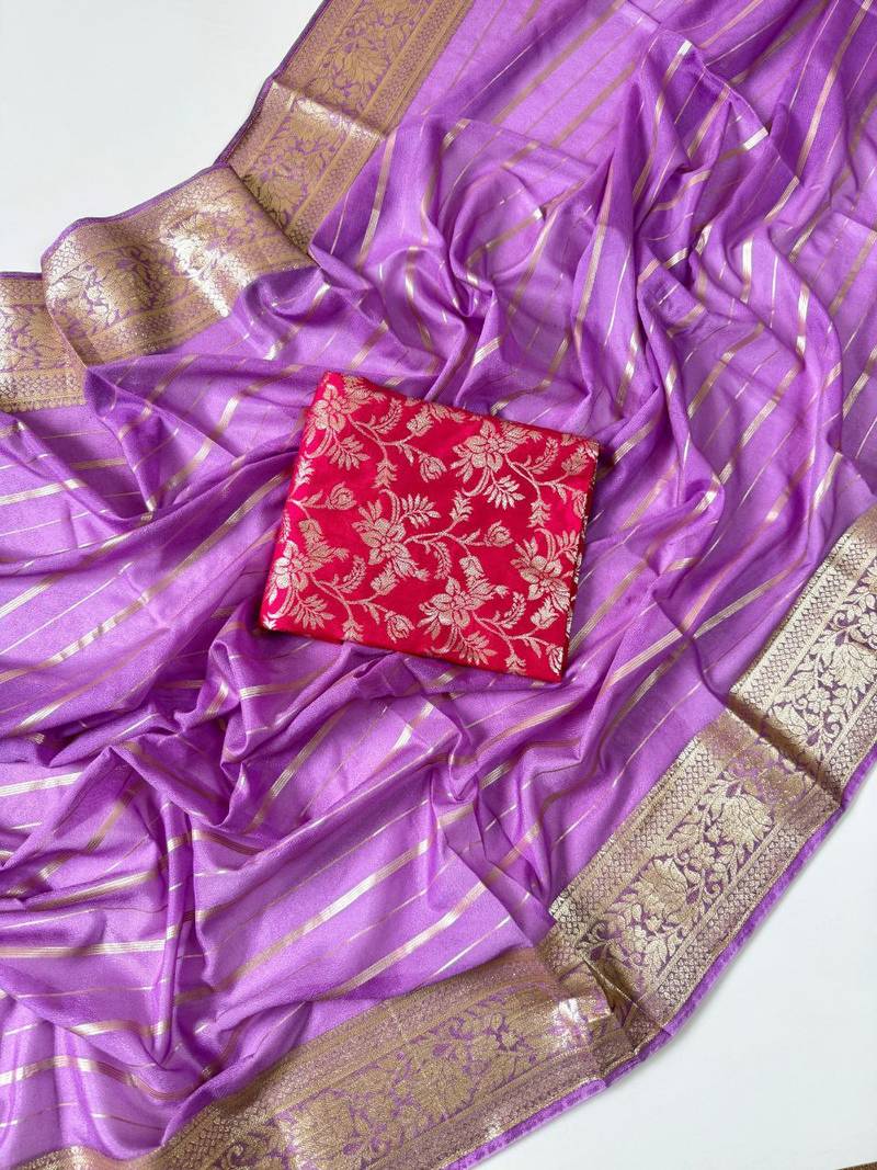 Lavender Color Jari Jaqurad Woven with Hand Daying Work Georgette Saree