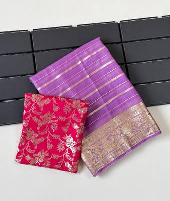 Lavender Color Jari Jaqurad Woven with Hand Daying Work Georgette Saree 3