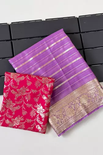 Lavender Color Jari Jaqurad Woven with Hand Daying Work Georgette Saree
