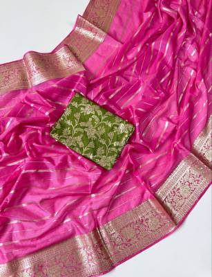 Pink Color Jari Jaqurad Woven with Hand Daying Work Georgette Saree 1