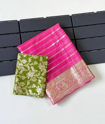 Pink Color Jari Jaqurad Woven with Hand Daying Work Georgette Saree 3