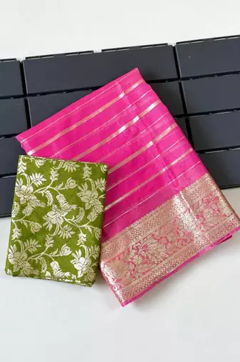 Pink Color Jari Jaqurad Woven with Hand Daying Work Georgette Saree