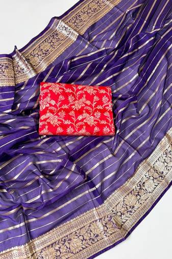 Purple Color Jari Jaqurad Woven with Hand Daying Work Georgette Saree