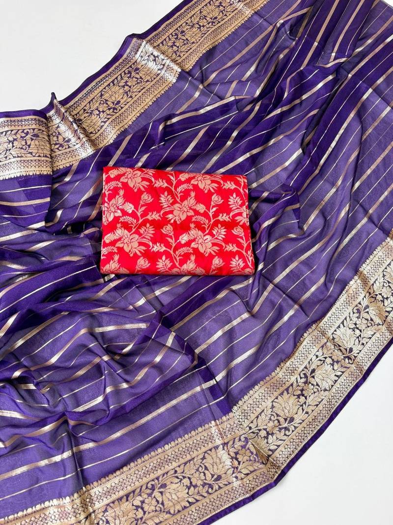 Purple Color Jari Jaqurad Woven with Hand Daying Work Georgette Saree