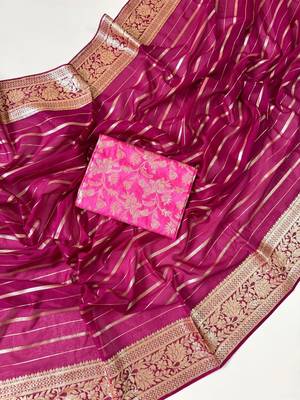 Rani Pink Color Jari Jaqurad Woven with Hand Daying Work georgettete Saree 2