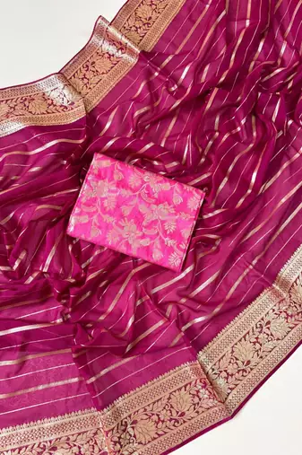 Rani Pink Color Jari Jaqurad Woven with Hand Daying Work Georgette Saree
