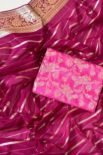Rani Pink Color Jari Jaqurad Woven with Hand Daying Work Georgette Saree