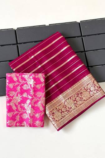 Rani Pink Color Jari Jaqurad Woven with Hand Daying Work Georgette Saree