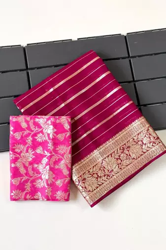 Rani Pink Color Jari Jaqurad Woven with Hand Daying Work Georgette Saree
