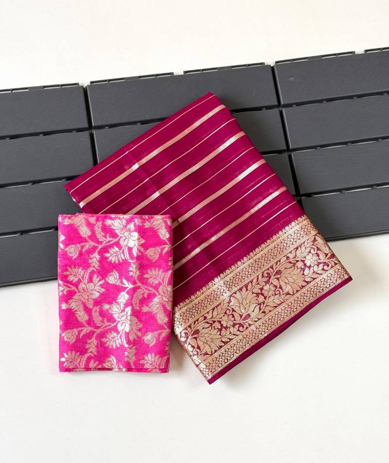 Rani Pink Color Jari Jaqurad Woven with Hand Daying Work Georgette Saree