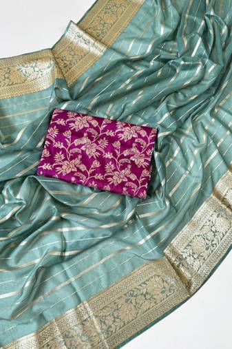 Sky Blue Color Jari Jaqurad Woven with Hand Daying Work Georgette Saree