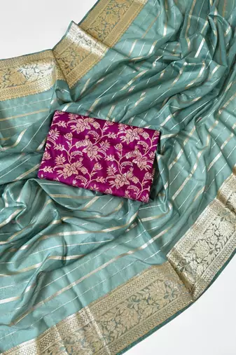 Sky Blue Color Jari Jaqurad Woven with Hand Daying Work Georgette Saree