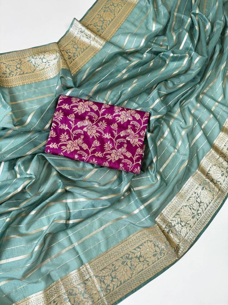 Sky Blue Color Jari Jaqurad Woven with Hand Daying Work Georgette Saree