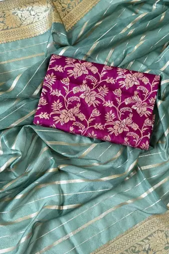Sky Blue Color Jari Jaqurad Woven with Hand Daying Work Georgette Saree
