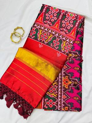 Red Color Patola with bandhani floral print art silk saree 1
