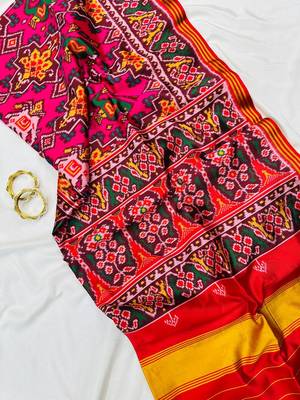 Red Color Patola with bandhani floral print art silk saree 2