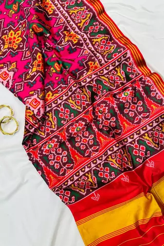 Red Color Patola with bandhani floral print art silk saree