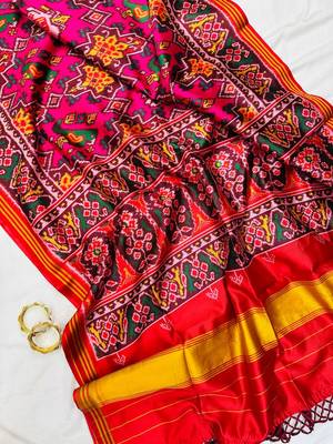 Red Color Patola with bandhani floral print art silk saree 4