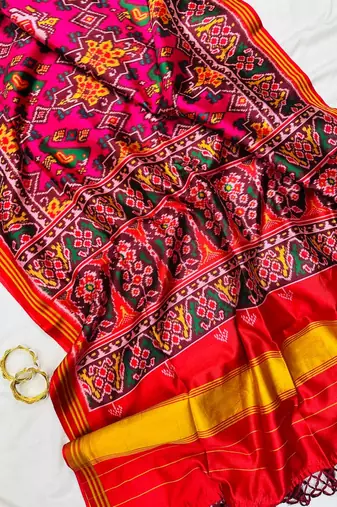 Red Color Patola with bandhani floral print art silk saree