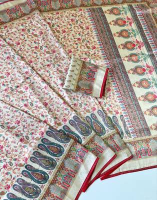 Cream Color Jari Jaqurad Weaving With Print Work Pashmina Silk Saree 2