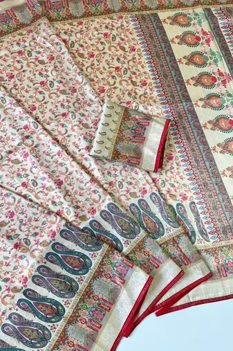Cream Color Jari Jaqurad Weaving With Print Work Pashmina Silk Saree